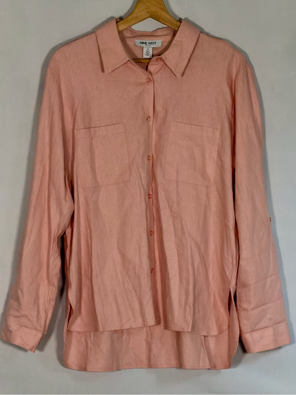 Nine West Linen Blend Shirt Womens Medium Pink Button Front Roll Tab Sleeve NWT